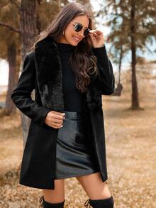 SHEIN LUNE Fuzzy Panel Belted Overcoat Fall Winter Cloth For Women - Black - View 3