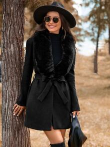 SHEIN LUNE Fuzzy Panel Belted Overcoat Fall Winter Cloth For Women - Black - View 5
