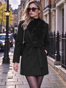 SHEIN LUNE Fuzzy Panel Belted Overcoat Fall Winter Cloth For Women - Black - View 1