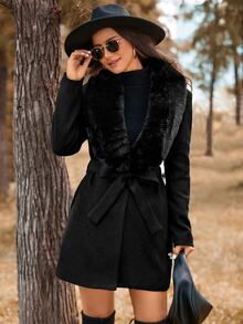 SHEIN LUNE Fuzzy Panel Belted Overcoat Fall Winter Cloth For Women - Black - View 4