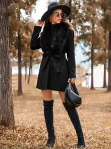 SHEIN LUNE Fuzzy Panel Belted Overcoat Fall Winter Cloth For Women - Black - View 6