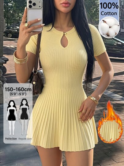 SHEIN PETITE Elegant, Minimalist Yellow Knit A-Line Dress For Petite Women-Perfect For Commuting.