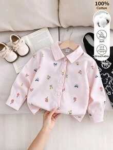 SHEIN 女童秋季仿刺繡花卉圖案粉色白色條紋花朵印花長袖襯衫 嬰兒洗禮海灘仙女萬聖節 - 粉色 - 查看 1