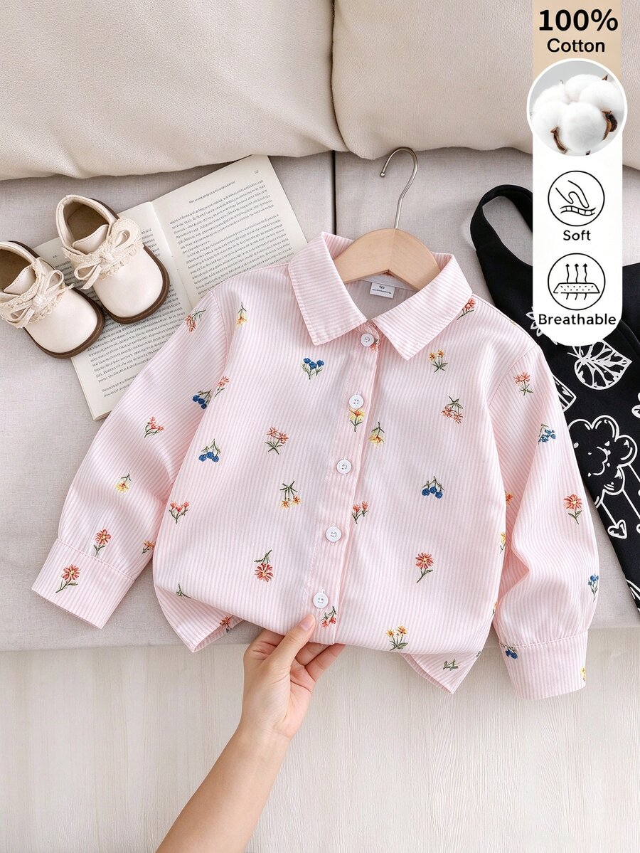 SHEIN 女童秋季仿刺繡花卉圖案粉色白色條紋花朵印花長袖襯衫 嬰兒洗禮海灘仙女萬聖節 - 粉色 - 查看 1