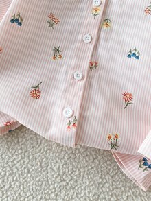 SHEIN 女童秋季仿刺繡花卉圖案粉色白色條紋花朵印花長袖襯衫 嬰兒洗禮海灘仙女萬聖節 - 粉色 - 查看 6
