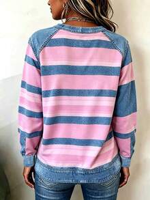 Linhara CURVE 女款聖誕條紋圓領長袖拼接套頭衛衣，粉藍拼色寬鬆休閒上衣，聖誕節派對休閒襯衫 - 彩色 - 查看 6