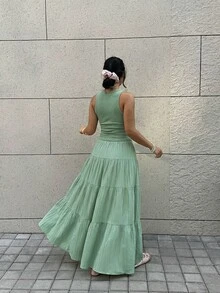 GalTyme 鼠尾草綠圓領背心與中長裙休閒波西米亞風兩件套 大尺碼 旅行度假夏季 - 薄荷綠 - 查看 3
