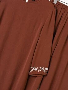 Rusticease Fall Winter 2026 Women's Floral Embroidered Long Shirt And Pants Casual Modest 2 Pieces Set Everyday Family Matching White Floral Chocolate Brown - Coffee Brown - View 6