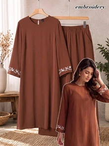 Rusticease Fall Winter 2026 Women's Floral Embroidered Long Shirt And Pants Casual Modest 2 Pieces Set Everyday Family Matching White Floral Chocolate Brown - Coffee Brown - View 4