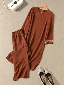 Rusticease Fall Winter 2026 Women's Floral Embroidered Long Shirt And Pants Casual Modest 2 Pieces Set Everyday Family Matching White Floral Chocolate Brown - Coffee Brown - View 5