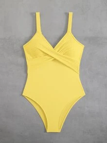 Swim SXY 1件条纹独特面料交叉前襟连体泳衣 - 黃色 - 查看 3