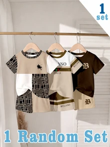 1 Random Set ,Beige Plaid Striped Colorblock Baby Casual Cute Classic Knight Italian Print Crew Neck Short Sleeve T-Shirt & Shorts Set, Summer, - Multicolor - View 3
