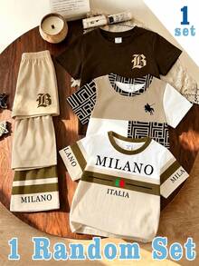 1 Random Set ,Beige Plaid Striped Colorblock Baby Casual Cute Classic Knight Italian Print Crew Neck Short Sleeve T-Shirt & Shorts Set, Summer, - Multicolor - View 1