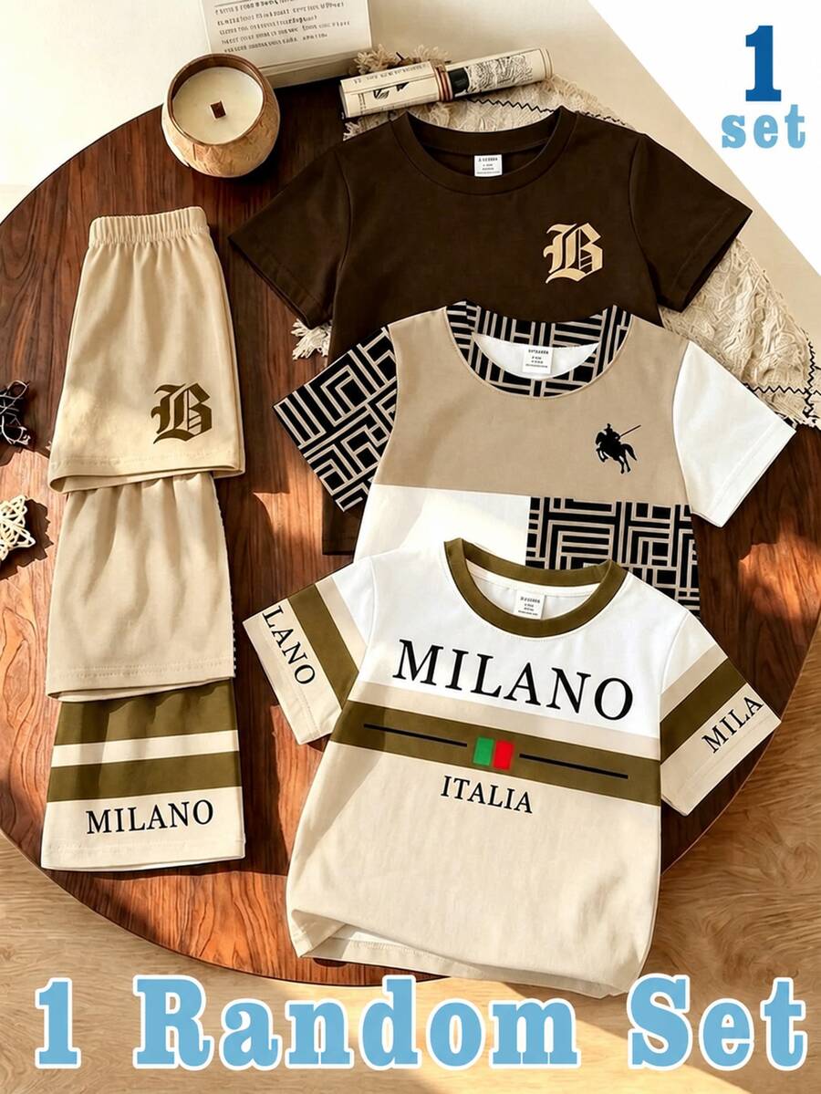 1 Random Set ,Beige Plaid Striped Colorblock Baby Casual Cute Classic Knight Italian Print Crew Neck Short Sleeve T-Shirt & Shorts Set, Summer, - Multicolor - View 1