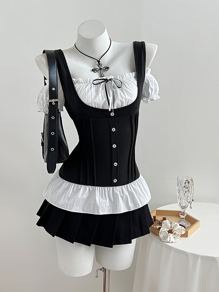 Elamini Bowknot Color Block Fitted Short Sleeve T-Shirt For Women, Black And White, Summer, Goth, Club Night Corsets Top Gothic - Black - View 3