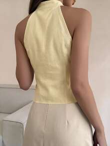 Cévolie Women's Bow Decor Slim Fit Button Halter Neck Top Brunch Vacation Pale Yellow Summer Romantic Elegant - Light Yellow - View 2