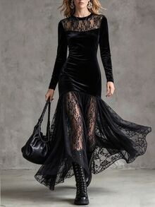 Omancia Elegant And Casual Black Velvet And Lace Patchwork Long-Sleeved Long Dress With A Slimming Round Neck And Flared Hem, Suitable For Spring And Autumn. - Black - View 1