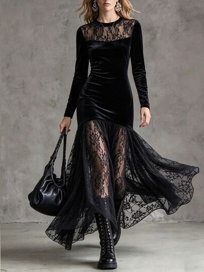 Omancia Elegant Black Velvet Lace Dress For Women In Autumn And Winter, Long-Sleeved, Fitted, Floor-Length Commute Dress..