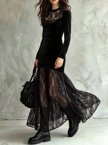 Omancia Elegant And Casual Black Velvet And Lace Patchwork Long-Sleeved Long Dress With A Slimming Round Neck And Flared Hem, Suitable For Spring And Autumn. - Black - View 5