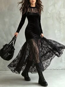 Omancia Elegant And Casual Black Velvet And Lace Patchwork Long-Sleeved Long Dress With A Slimming Round Neck And Flared Hem, Suitable For Spring And Autumn. - Black - View 4