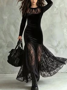 Omancia Elegant And Casual Black Velvet And Lace Patchwork Long-Sleeved Long Dress With A Slimming Round Neck And Flared Hem, Suitable For Spring And Autumn. - Black - View 6