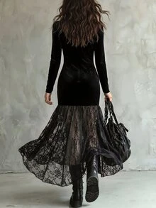Omancia Elegant And Casual Black Velvet And Lace Patchwork Long-Sleeved Long Dress With A Slimming Round Neck And Flared Hem, Suitable For Spring And Autumn. - Black - View 2