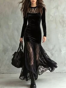 Omancia Elegant And Casual Black Velvet And Lace Patchwork Long-Sleeved Long Dress With A Slimming Round Neck And Flared Hem, Suitable For Spring And Autumn. - Black - View 3