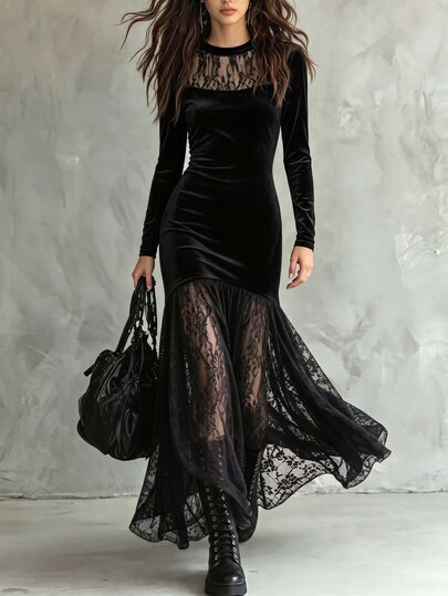 Omancia Elegant Black Velvet Lace Dress For Women In Autumn And Winter, Long-Sleeved, Fitted, Floor-Length Commute Dress..