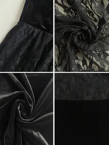 Omancia Elegant And Casual Black Velvet And Lace Patchwork Long-Sleeved Long Dress With A Slimming Round Neck And Flared Hem, Suitable For Spring And Autumn. - Black - View 7