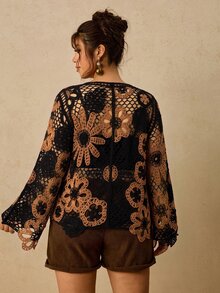 Travachic Plus Size Women's Spring/Autumn Hollow Crochet Long Sleeve Fashion Versatile Design Knit Top Fall - Multicolor - View 2