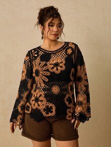 Travachic Plus Size Women's Spring/Autumn Hollow Crochet Long Sleeve Fashion Versatile Design Knit Top Fall - Multicolor - View 9