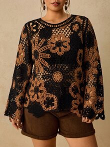 Travachic Plus Size Women's Spring/Autumn Hollow Crochet Long Sleeve Fashion Versatile Design Knit Top Fall - Multicolor - View 7