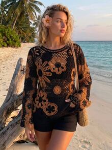 Travachic Plus Size Women's Spring/Autumn Hollow Crochet Long Sleeve Fashion Versatile Design Knit Top Fall - Multicolor - View 5