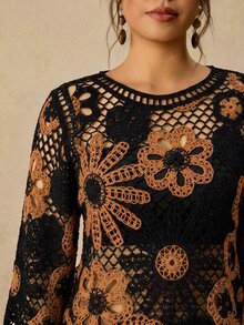 Travachic Plus Size Women's Spring/Autumn Hollow Crochet Long Sleeve Fashion Versatile Design Knit Top Fall - Multicolor - View 3