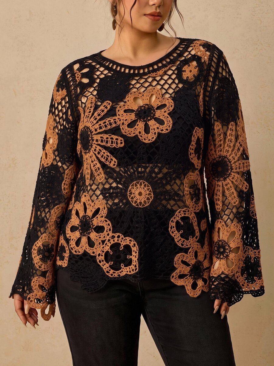 Travachic Plus Size Women's Spring/Autumn Hollow Crochet Long Sleeve Fashion Versatile Design Knit Top Fall - Multicolor - View 1