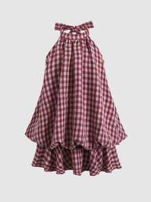 SHEIN Tween女孩紅色格紋掛脖綁帶迷你洋裝，適合日常、假期、返校穿著 - 紅色 - 查看 2
