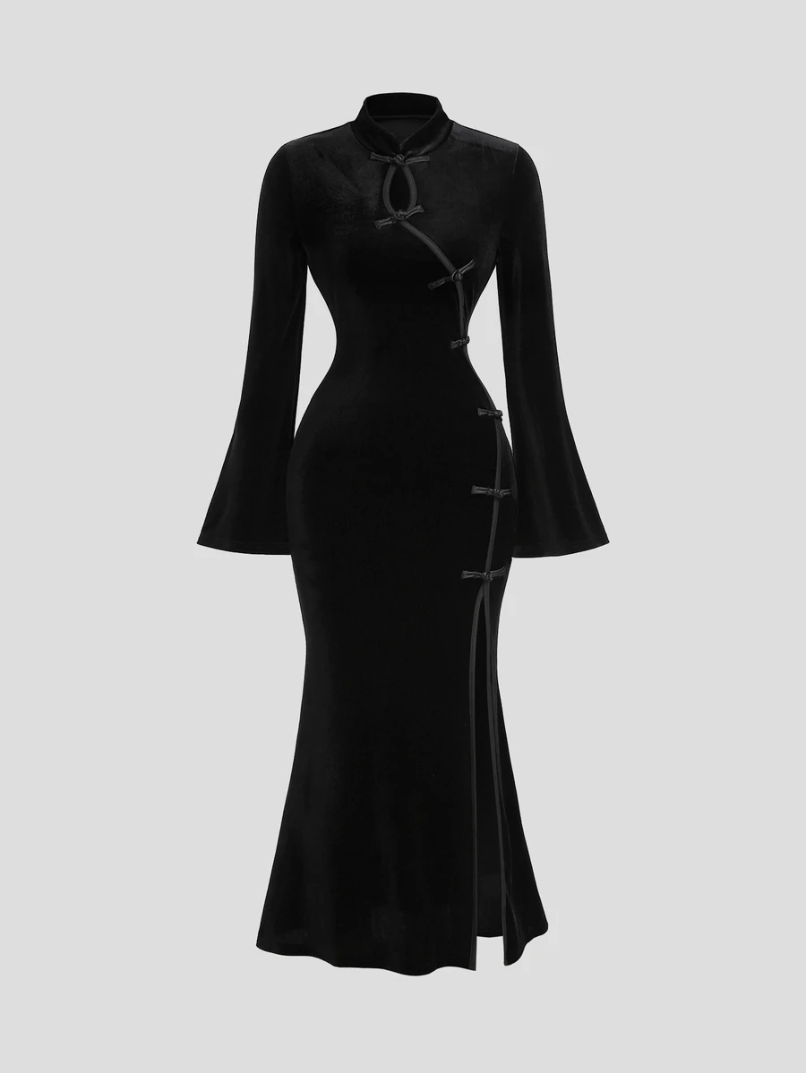 Sweetra Women's Velvet Long Flare Sleeve New Chinese Style Cheongsam Dress - Black - View 1
