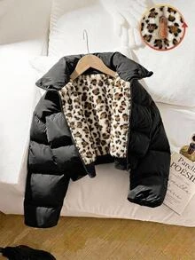 Jaket Tebal Kasual Sederhana Motif Leopard untuk Sekolah Sehari-hari, Cocok untuk Anak Perempuan Remaja, Jaket Tebal Modis Musim Gugur - MultiWarna - View 1