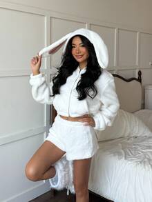 CovetEZ 女款純色休閒百搭連帽外套 日常居家穿著 粉色與白色 冬季 - 白色 - 查看 9
