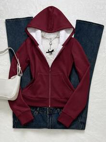 SHEIN 青少年女孩對比色抓絨內裡保暖舒適連帽外套，附拉鍊口袋，秋冬冬季外套 - 酒紅色 - 查看 3