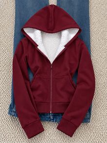 SHEIN 青少年女孩對比色抓絨內裡保暖舒適連帽外套，附拉鍊口袋，秋冬冬季外套 - 酒紅色 - 查看 5
