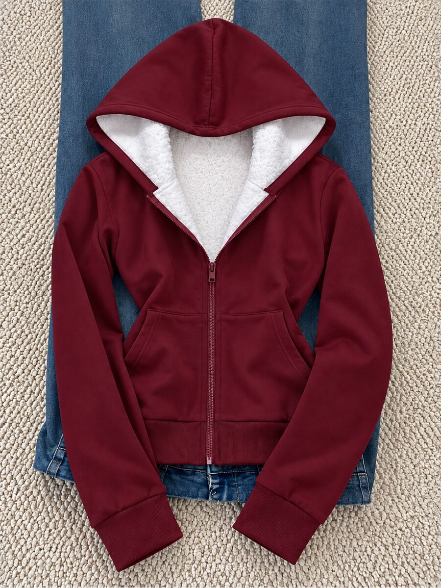 SHEIN Teen Girl Teen Girls Sweatshirts Contrast Color Fleece Lined Warm Comfortable Hooded Autumn Jacket With Zipper Pockets Winter Clothes, Year - Burgundy - View 1
