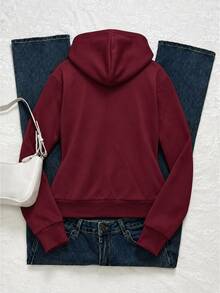 SHEIN 青少年女孩對比色抓絨內裡保暖舒適連帽外套，附拉鍊口袋，秋冬冬季外套 - 酒紅色 - 查看 2