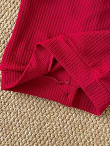 SHEIN 2件組女嬰針織開襟衫褲套裝，甜美酒紅色刺繡蕾絲領、羅紋長袖圓領、常規版型，適合生日派對、秋季與聖誕節，鈕扣開襟 - 酒紅色 - 查看 9