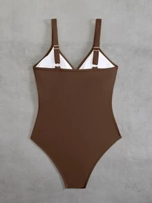 SHEIN Swim 1pc Women's Striped Special Fabric Criss-Cross Strap One-Piece Swimsuit - Coffee Brown - View 3