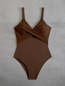 SHEIN Swim 1pc Women's Striped Special Fabric Criss-Cross Strap One-Piece Swimsuit - Coffee Brown - View 4