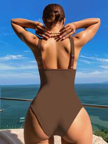 SHEIN Swim 1pc Women's Striped Special Fabric Criss-Cross Strap One-Piece Swimsuit - Coffee Brown - View 2