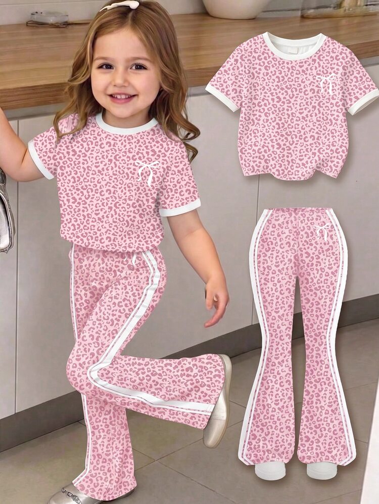 Baby Girl Casual Minimalist Short Sleeve Round Neck T-Shirt And Flared Long Pants Set, Suitable For Spring And Summer - Multicolor - View 4