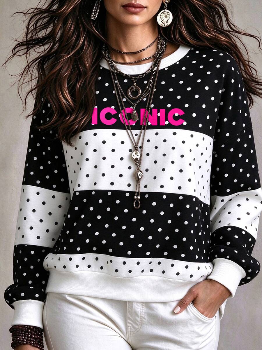 SHEIN LUNE Women's Round Neck Striped Polka Dot Colorblock Sweatshirt, Suitable For Vacation And Shopping - Multicolor - View 1