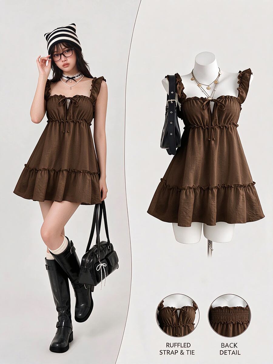 Elamini Women's Summer Sweet Minimalist Sexy Bow Tie Ruffle A-Line Sleeveless Cami Dress - Brown - View 1